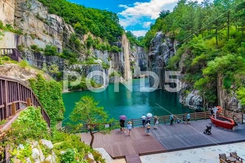 Granite valley The emerald green embrace. at pocheon Art valley, South Korea. Stock Photos