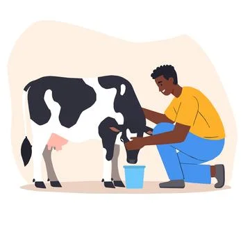 Granjero cuidando una vaca. Stock Illustration