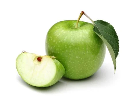 Granny smith apple with slice and leaf isolated Stock Photos