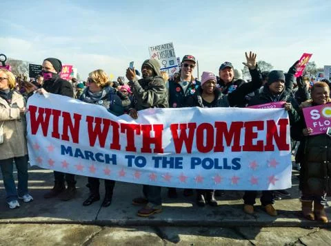 GRANT PARK, CHICAGO-January 20, 2018. Women's March. Group with banner. Stock Photos