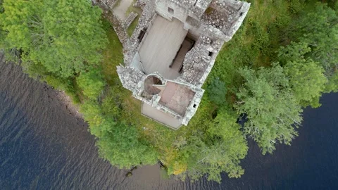 Grant Tower Bird's Eye View Urquhart Castle Ruins Close-Up Aerial, Highland 4K Stock Footage 257561561
