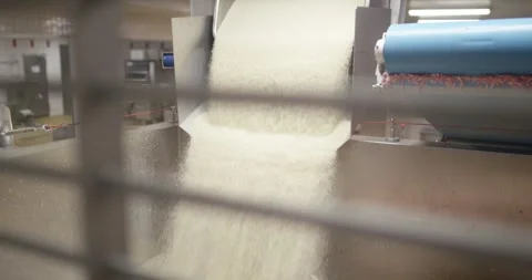 Granular mass falling from conveyor into stainless mixing vessel, Static Shot Video stock 340042358