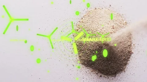 Granular mound receiving plume while neon HUD elements moving from left SMART Stock Footage 333602158