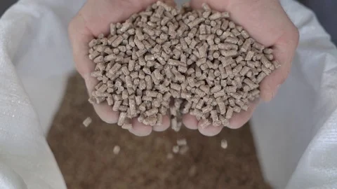 Granule feed for rural animals falls from the hands of a male farmer. Slow Stock Footage 127119632