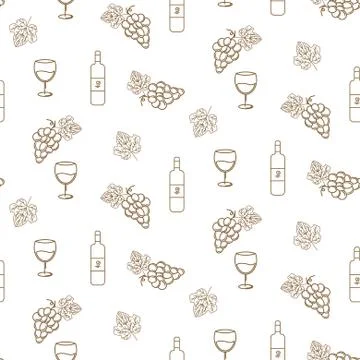 Grape and wine vector seamless pattern icons in linear style for winery label Illustrazione stock