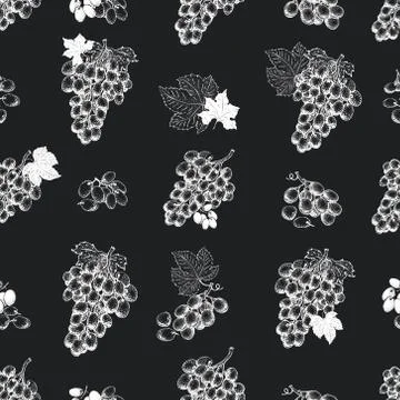 Grape berry seamless pattern. Hand drawn vector fruit illustration on chalk Stock Illustration