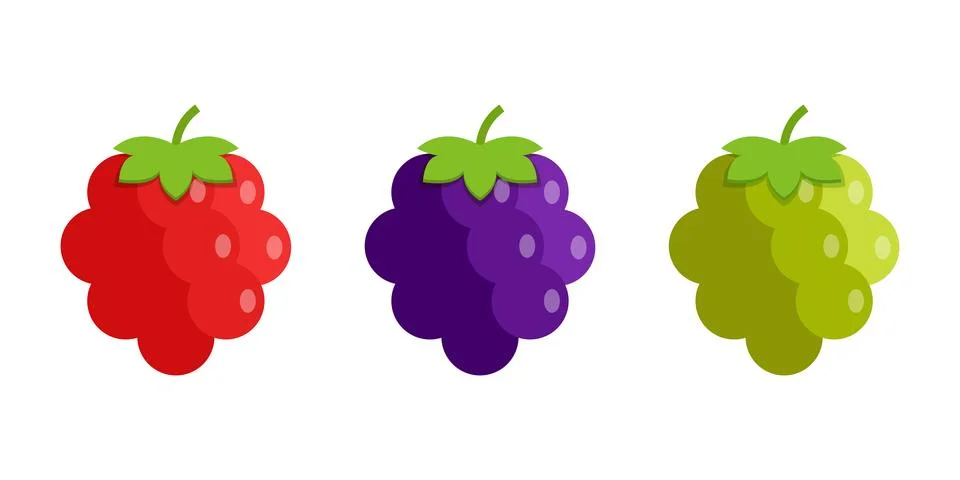 Grape, blueberry, raspberry fruit icon set collection in flat style. Berry .. Stock Illustration