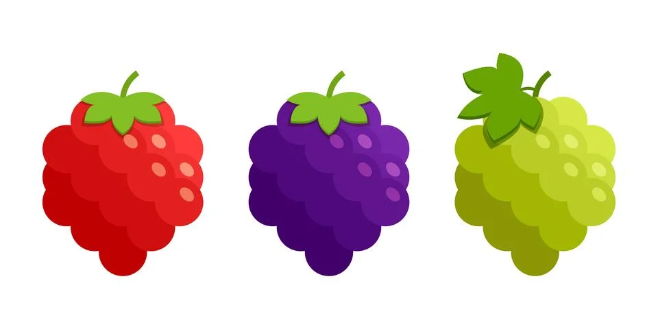 Grape, blueberry, raspberry fruit icon set collection in flat style. Berry .. Stock Illustration