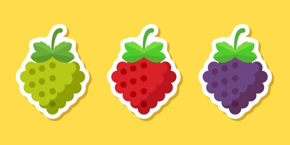 Grape, blueberry, raspberry sticker fruit icon set collection in flat style.. Illustrazione stock