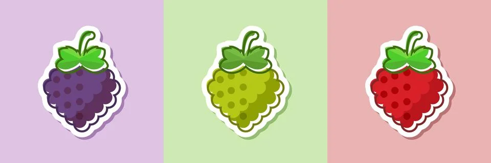Grape, blueberry, raspberry sticker fruit icon set collection in flat style.. Stock Illustration