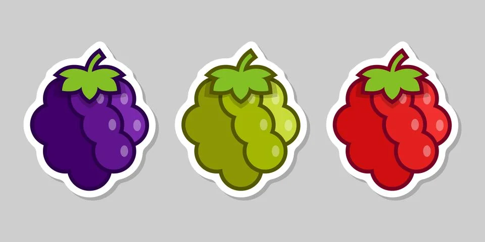 Grape, blueberry, raspberry sticker fruit icon set collection in flat style.. Illustrazione stock