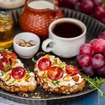 Grape Bruschetta Served for Breakfast Stock Photos