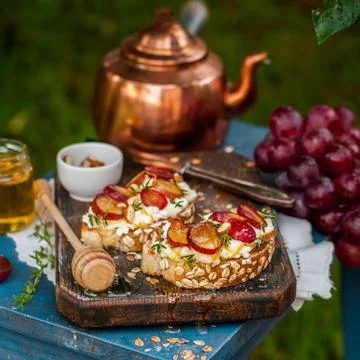 Grape Bruschetta Served for Breakfast Stock Photos