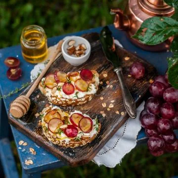 Grape Bruschetta Served for Breakfast Stock Photos