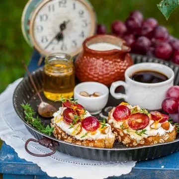 Grape Bruschetta Served for Breakfast Stock Photos