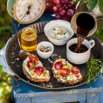 Grape Bruschetta Served for Breakfast Stock Photos