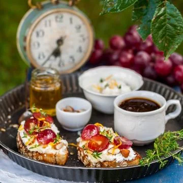 Grape Bruschetta Served for Breakfast Stock Photos