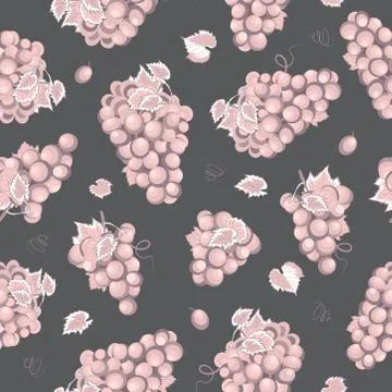 Grape bunch seamless pattern on gray background with leaves, Fresh organic fo 스톡 일러스트