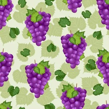 Grape bunch seamless pattern on green background with leaves and sketch, Fres Stock Illustration