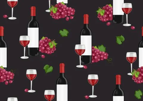 Grape bunch seamless pattern with red wine glasses and bottles on black backg Illustrazione stock
