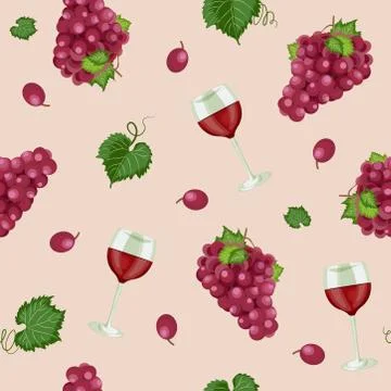 Grape bunch seamless pattern with red wine glasses on rose pink background, R Illustrazione stock