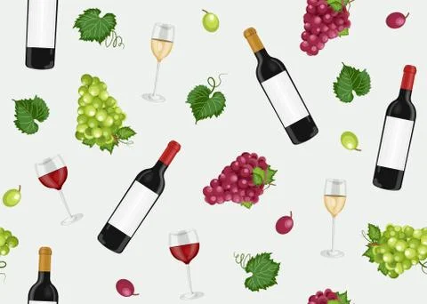 Grape bunch seamless pattern with red, white wine glasses and bottles on gray Illustrazione stock