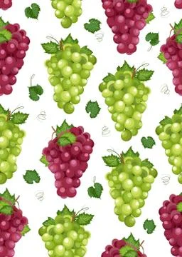 Grape bunch seamless pattern on white background with leaves, Fresh organic f Illustrazione stock