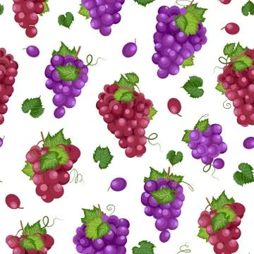 Grape bunch seamless pattern on white background with leaves, Fresh organic f Illustrazione stock