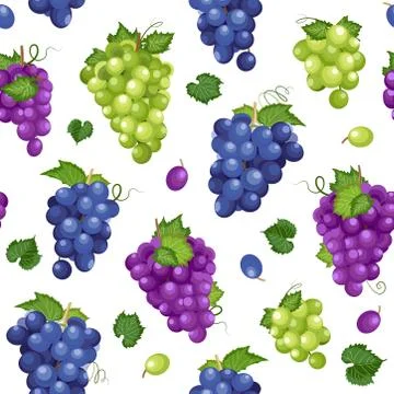 Grape bunch seamless pattern on white background with leaves, Fresh organic f Illustrazione stock