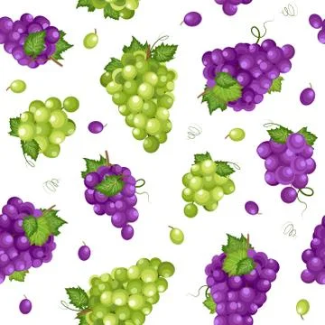 Grape bunch seamless pattern on white background with leaves, Fresh organic f Illustrazione stock