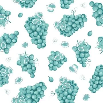 Grape bunch seamless pattern on white background with leaves, Fresh organic f Stock Illustration