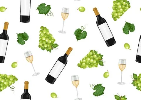Grape bunch seamless pattern with white wine glasses and bottles on white bac Illustrazione stock