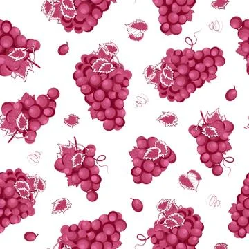 Grape bunch seamless pattern on white background with leaves, Fresh organic f Stock Illustration