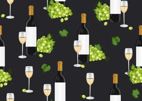Grape bunch seamless pattern with white wine glasses and bottles on black bac Illustrazione stock