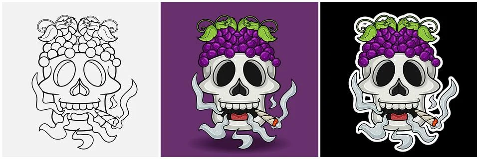 Grape Fruit Inside Skull Head With Smoking Character Cartoon. Black White, .. Stock Illustration