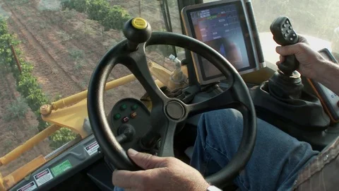 Grape harvest from inside cab of the harvester to see rows of grape vines, 4K. Stock Footage 79836474