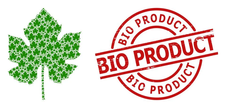 Grape Leaf Icon Recursive Collage and Textured Bio Product Stamp Seal Illustrazione stock