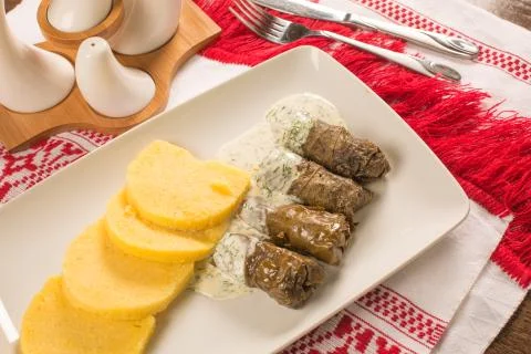 Grape leaf rolls on a traditional background Stockfoto's