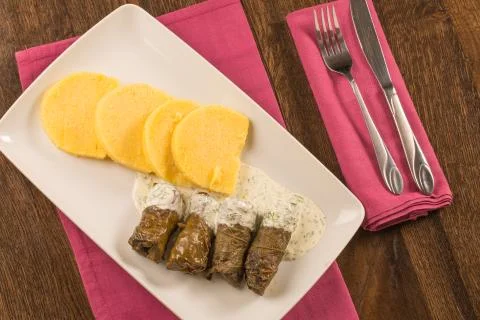 Grape leaf rolls on a traditional background Stock Photos