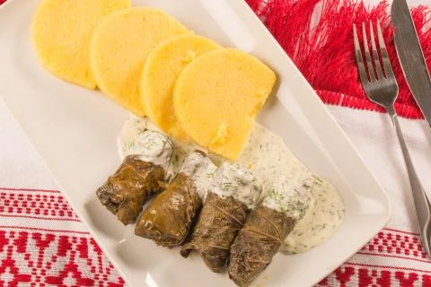 Grape leaf rolls on a traditional background Stockfoto's