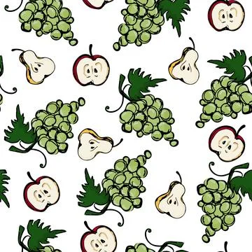 Grape, pear and apple vector seamless pattern on white background Stock Illustration
