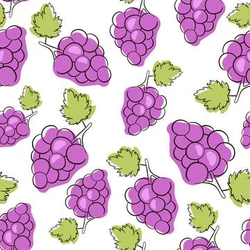 Grape seamless pattern purple. Bunch of grapes with leaves. Stock Illustration