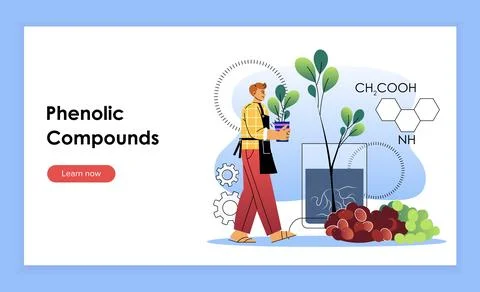 Grape selection landing page. Man with sprout near grapes. Winery and wine Stock Illustration
