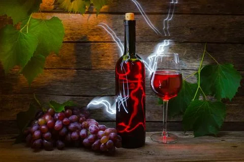 Grape vine wine bottle and glass with wine Stock Photos