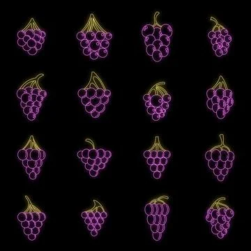 Grape wine bunch icons set vector neon Stock Illustration