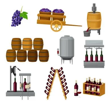 Grape Wine Production with Alcoholic Fermentation and Pouring in Bottles Process Stock Illustration