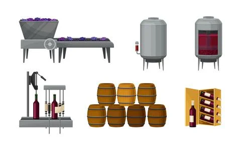 Grape Wine Production with Alcoholic Fermentation and Pouring in Bottles Process Stock Illustration