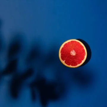 Grapefruit cut in half on a blue background with branch shadow. Stock Photos