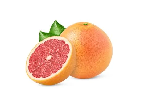 Grapefruit fruit and a cut in a half isolated with leaf. Citrus fruit with Stock Photos