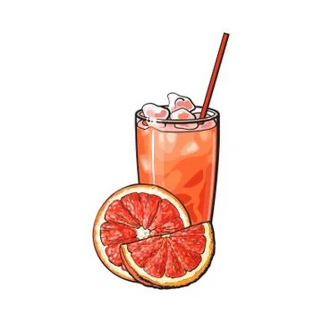 Grapefruit half, slice, glass of juice with ice and straw Illustrazione stock